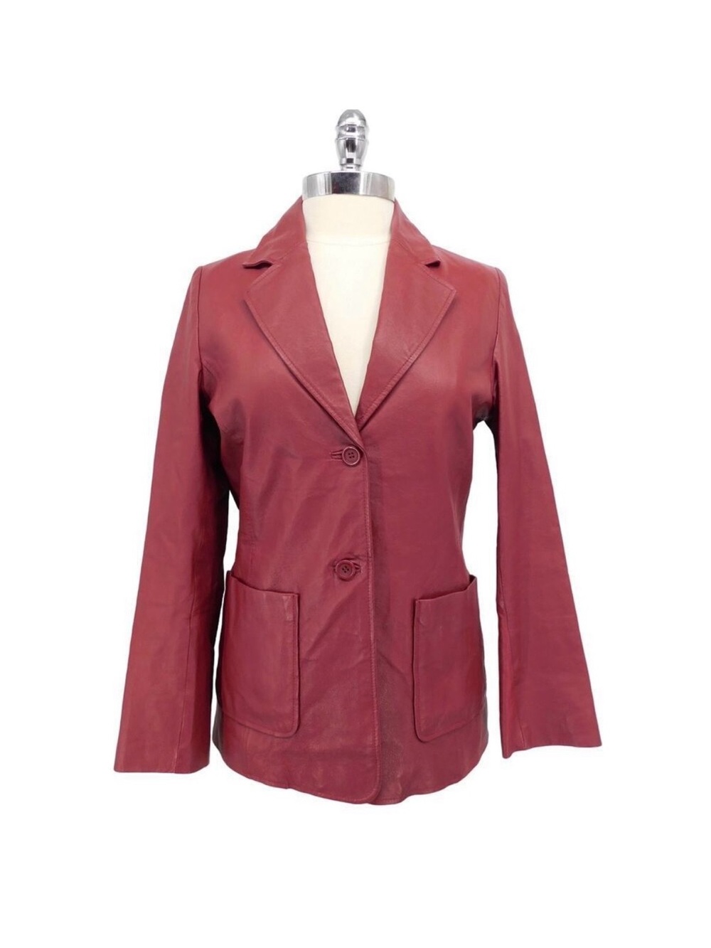 Vintage 90s Leather Single-Breasted‎ Blazer Jacket Cherry Red Size 8
